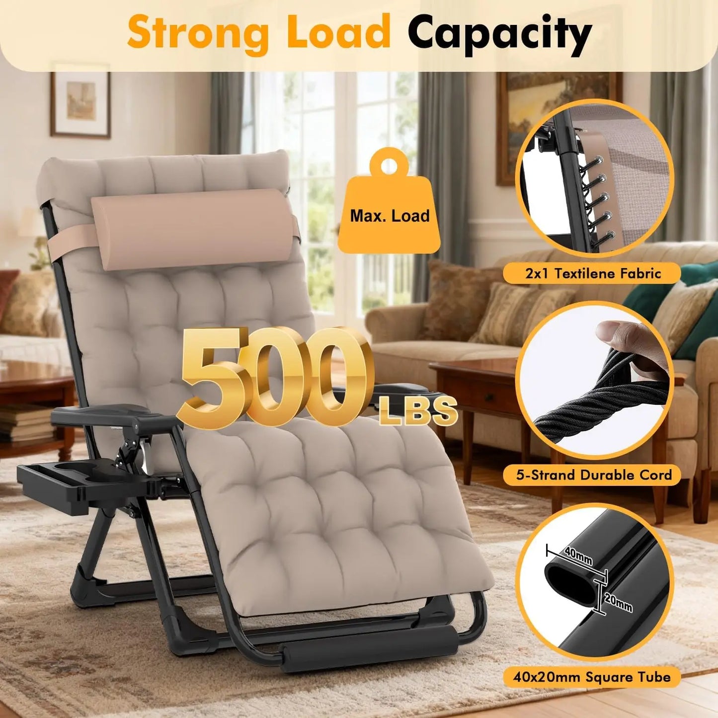 Oversized Zero Gravity Chair XXL, Padded Recliner with Aluminum Lock, Headrest, Cup Holder, Supports 500lbs, Khaki