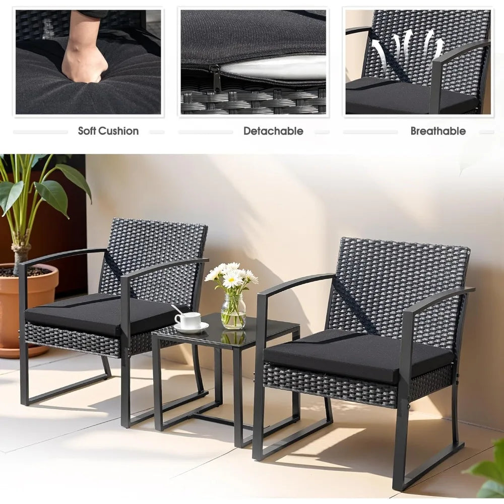 Outdoor Furniture Set Patio Bistro Chairs with Glass Coffee Table for Pool Beach Backyard Balcony Porch Deck Garden,Black