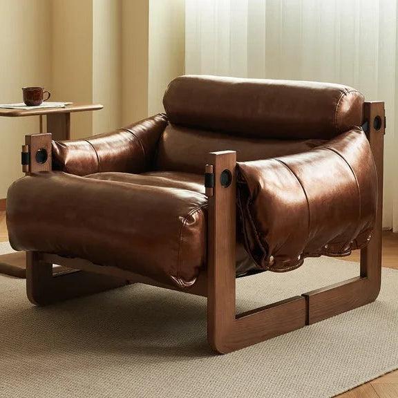 Leisure Single Solid Wood Sofa Chair Living Room Designer Model Leisure Leather Recliner Simple
