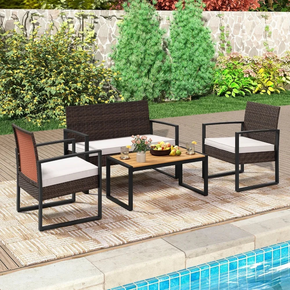 4 Piece Patio Furniture Set w/ Cushioned Chairs & Wood Plastic Coffee Table