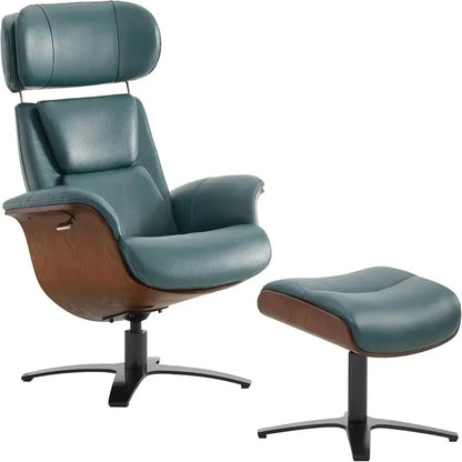 Leather Reclining Swivel Chair with Adjustable Headrest and Ottoman for Living Room, Saddle Color, Arm Rest, Cushion Included