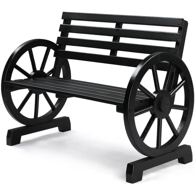 Country style wooden wheeled outdoor chair, patio bench with slat seating for 2 people, outdoor garden bench