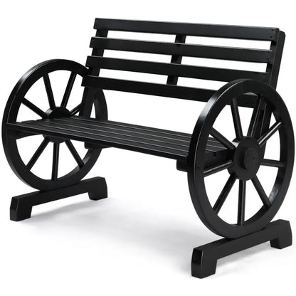 Country style wooden wheeled outdoor chair, patio bench with slat seating for 2 people, outdoor garden bench