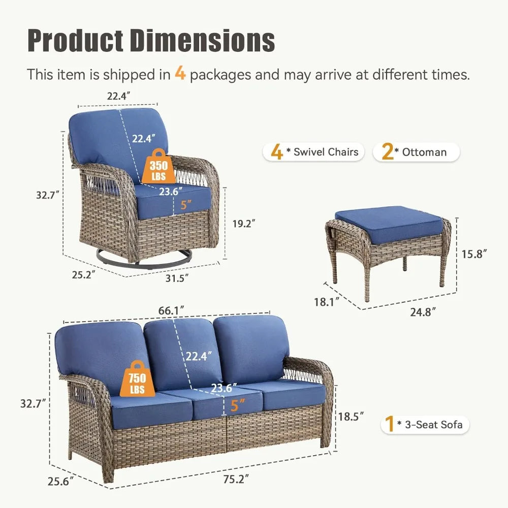 7 Pieces Outdoor Furniture Set with Swivel Chairs, Wicker Swivel Rocker Patio Chairs Set of 4 Outdoor 3 Seater Sofa with Ottoman