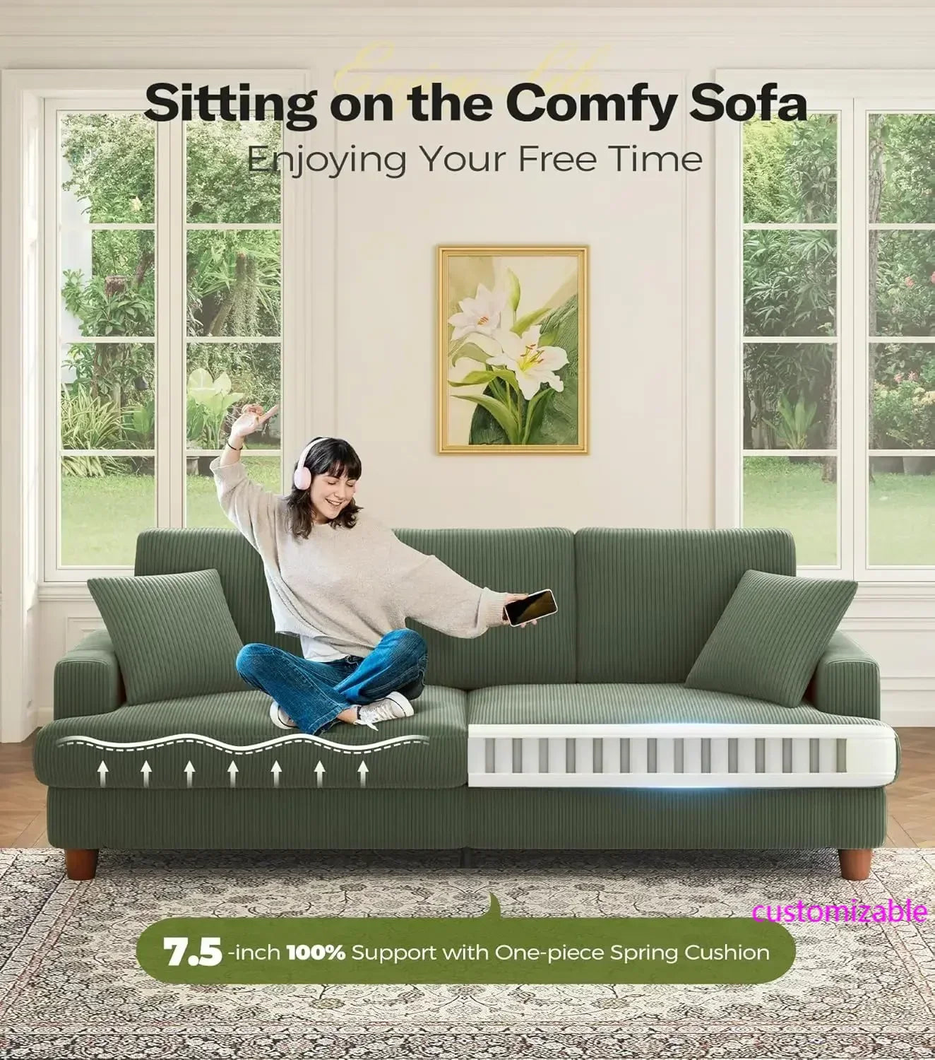 87in Green Sofa, Couches for Living Room No Tool Assembly, Modern Oversized Love Seat with 2 Pillows, Sofa Couch for Bedroom