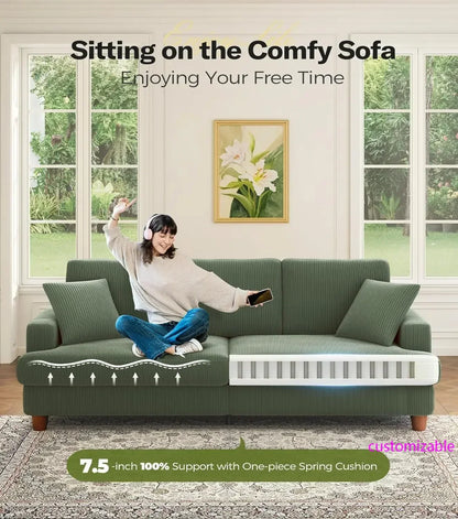 87in Green Sofa, Couches for Living Room No Tool Assembly, Modern Oversized Love Seat with 2 Pillows, Sofa Couch for Bedroom