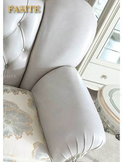 French light luxury living room large apartment first layer cowhide European solid wood carving flower three sofa combination