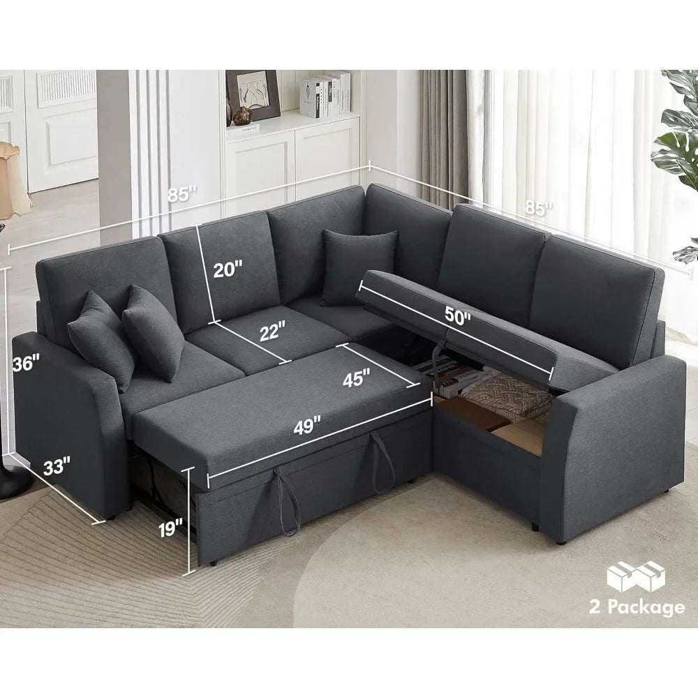 Sofa Bed, 85 Inch Reversible L Shape Couch with Pull Out Bed & Storage Seat,