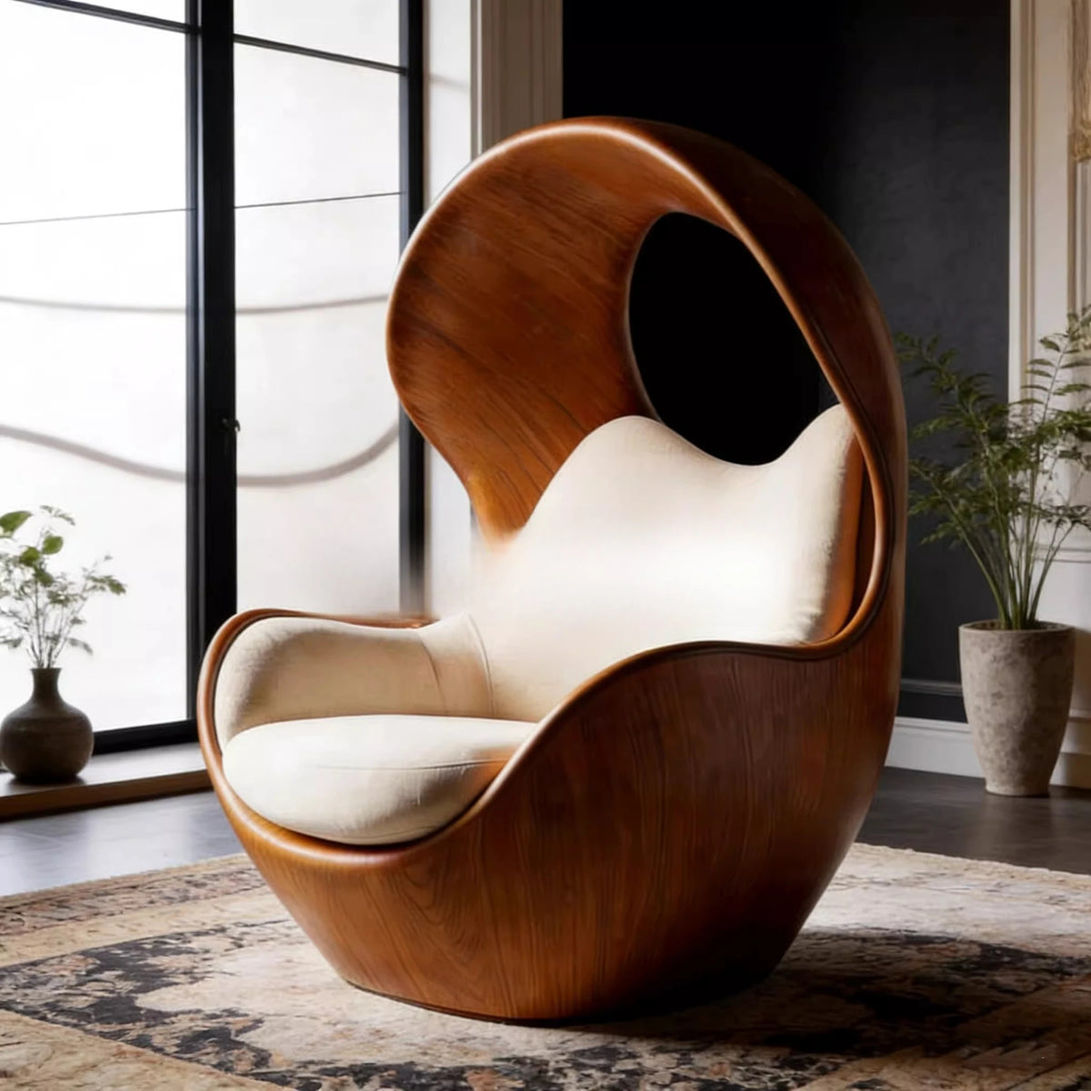 Internet celebrity eggshell single sofa chair retro solid wood surrounded lazy chair living room light luxury artistic leisure