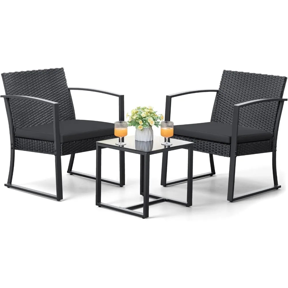 Outdoor Furniture Set Patio Bistro Chairs with Glass Coffee Table for Pool Beach Backyard Balcony Porch Deck Garden,Black
