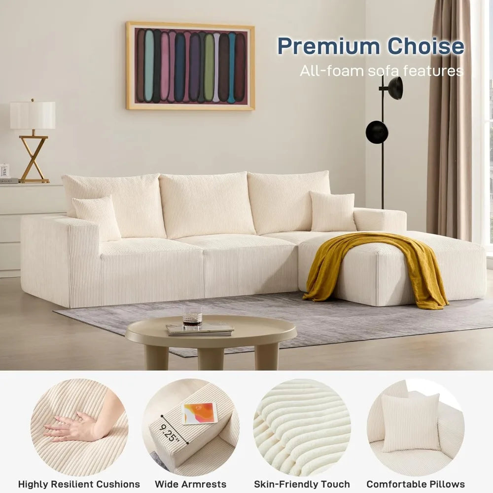 Sectional Cloud Boneless Sofa Couches for Living Room-113'' 3 Seater U-Shaped Modern Lounge Couch-No Assembly Modular Corduroy