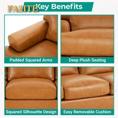 Genuine Leather Sofa - Luxurious Comfort, Goose Feather Cushion Filling, Square Arm Design, Sturdy Block Legs,