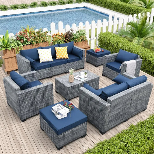 7 Piece Wicker Patio Furniture Sets Outdoor Conversation Set, PE Rattan Sectional Sofa Couch with Storage Table and Non-Slip Nav