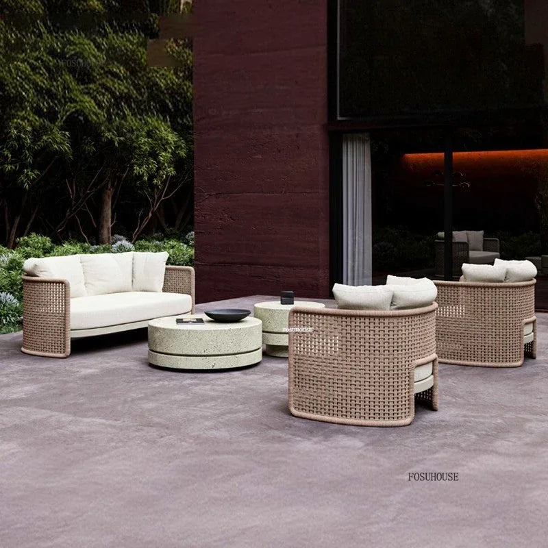 Luxury Rattan Outdoor Sofas Retro Garden Furniture Leisure Home Balcony Patio Set Nordic Rainproof and Sunproof Rope Sofa Chair