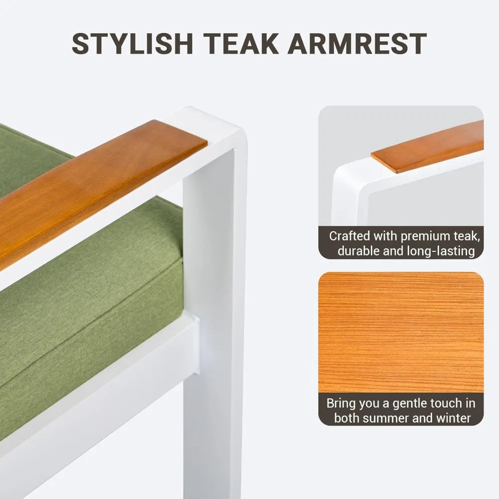 Outdoor Couch Aluminum Patio Furniture Set, All-Weather Metal 3-Seat Sofa with Solid Teak Armrest and Thick Cushions, Green