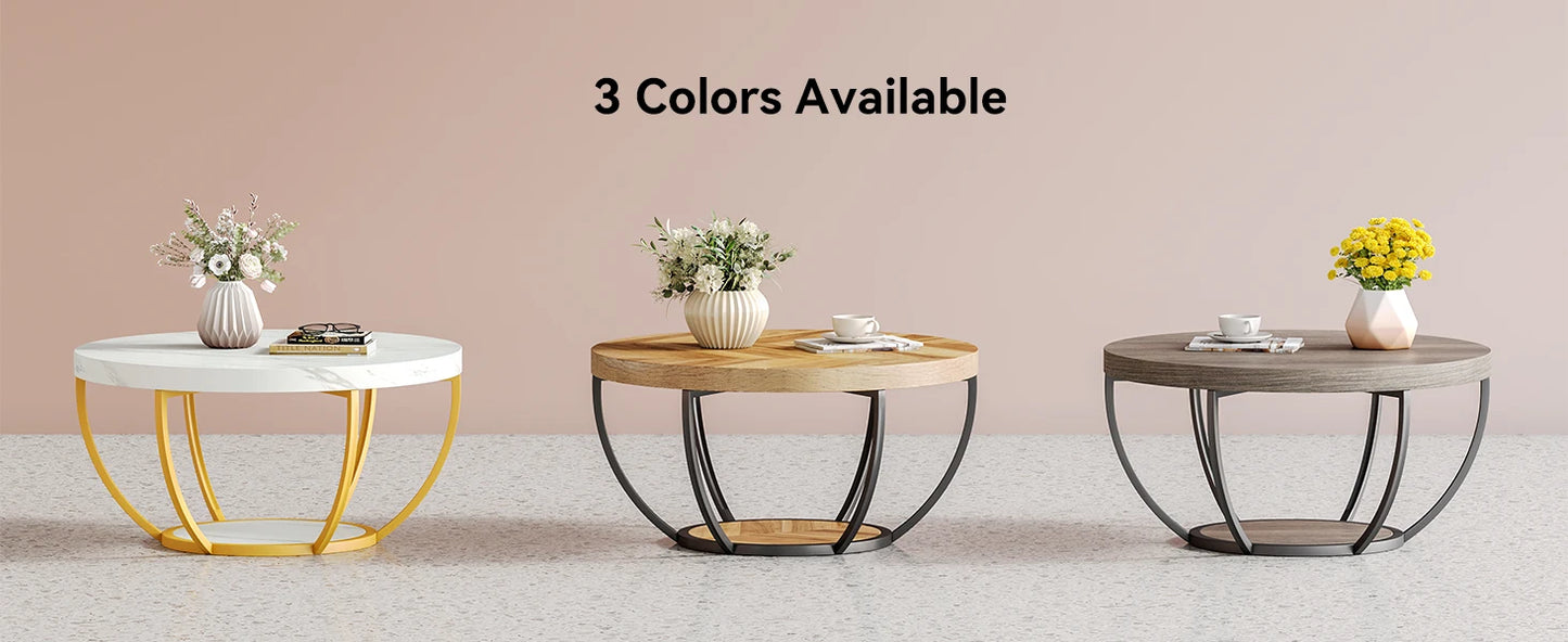 32" Circle Marble Coffee Tables, 2-Tier Golden Metal Legs Accent Center Table with Open Storage Modern Design Home Furniture