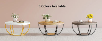 32" Circle Marble Coffee Tables, 2-Tier Golden Metal Legs Accent Center Table with Open Storage Modern Design Home Furniture
