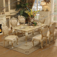European-style Champagne Gold Dining Table and Chairs with Carvings, 1.6m Tables,  Carved Marble Long Dining Table and Chairs