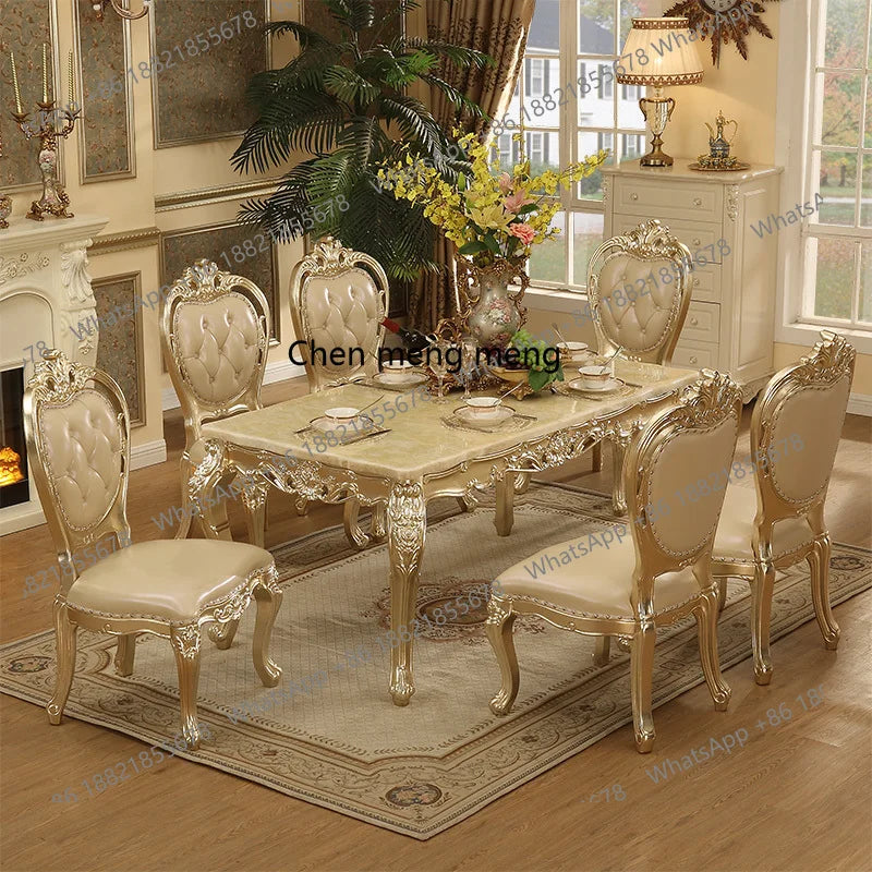 European-style Champagne Gold Dining Table and Chairs with Carvings, 1.6m Tables,  Carved Marble Long Dining Table and Chairs