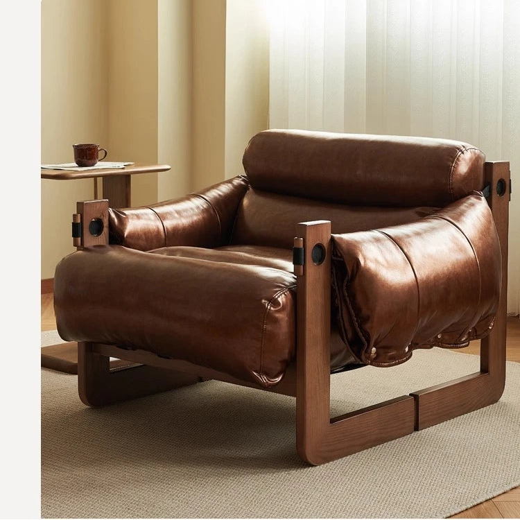 Nordic retro single solid wood sofa chair guest casual leather recliner simple and modern small apartment