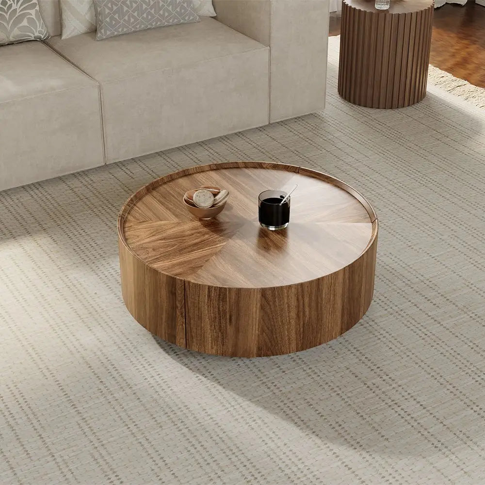 Simple living room coffee table, round wooden coffee table, wooden center, coffee table with drawers