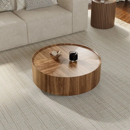 Simple living room coffee table, round wooden coffee table, wooden center, coffee table with drawers