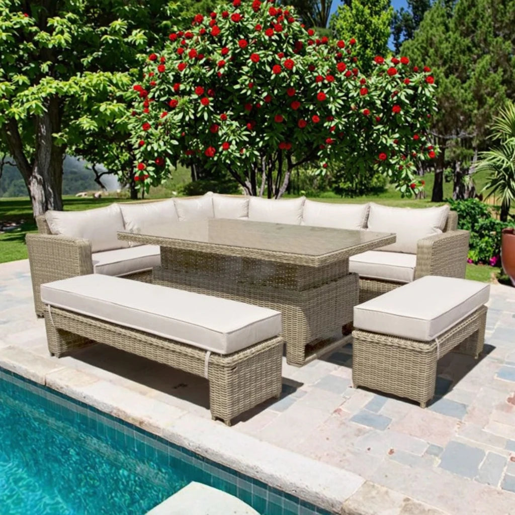 Luxury Outdoor Rattan Corner Sofa Set Durable Height Adjustable Table with Sectional Sofa for Villa Garden Leisure Furniture