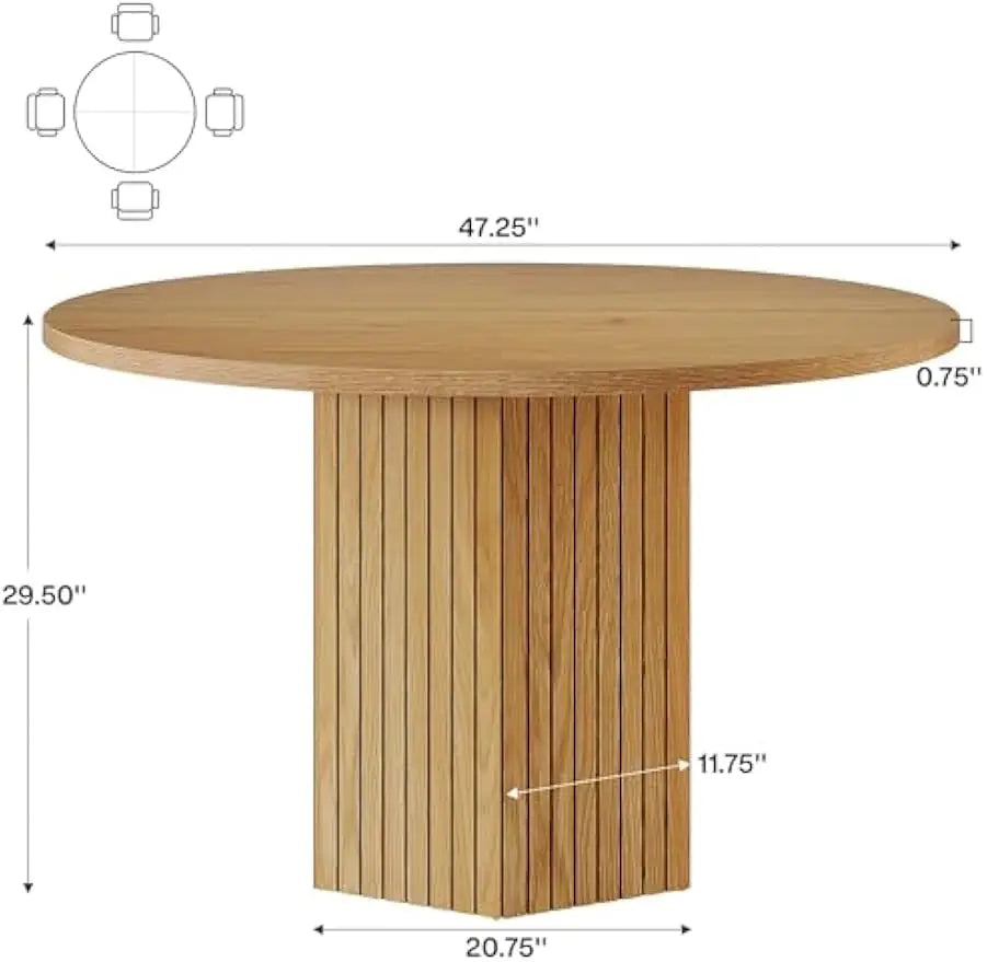 Wood Dining Table Round Kitchen Table for Dining Room, 47 inch Dinner Table 4 People Dining Room Table with Heavy Duty Pedestal
