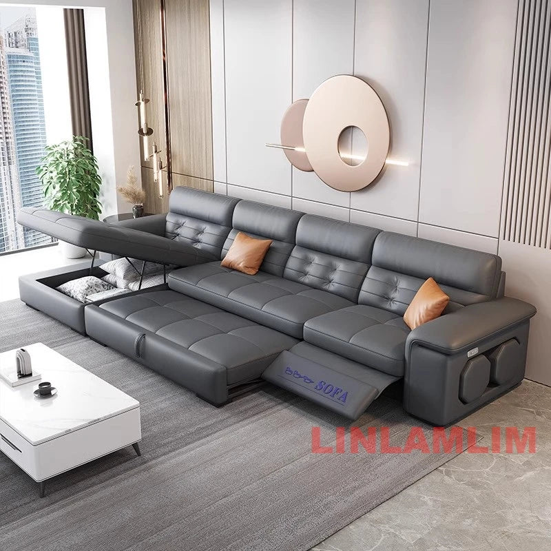 MANBAS Sectional Sofa Bed with Storage, Genuine Leather Reclining Couch, Space-Saving Convertible Sleeper Sofa for Living Room