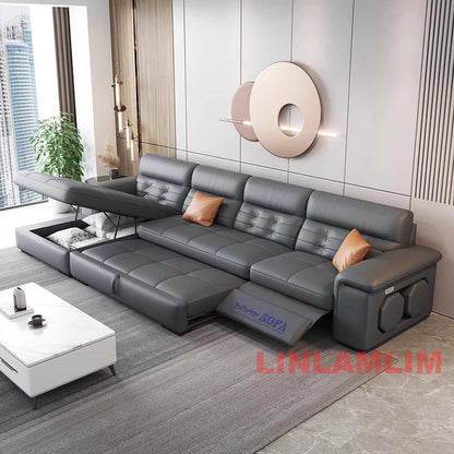MANBAS Sectional Sofa Bed with Storage, Genuine Leather Reclining Couch, Space-Saving Convertible Sleeper Sofa for Living Room