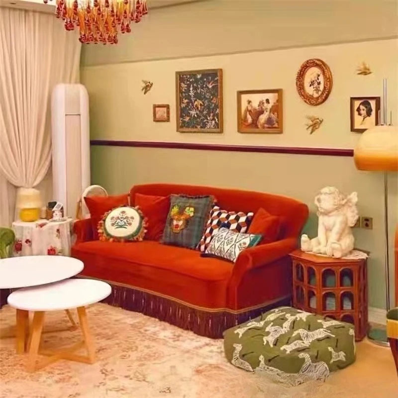 American single and double three people, small apartment retro, pull button tassel, living room high back fabric sofa