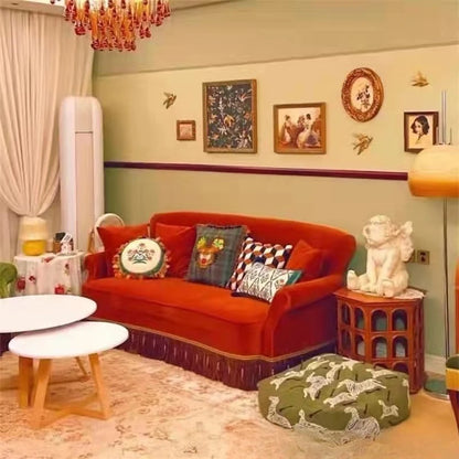 American single and double three people, small apartment retro, pull button tassel, living room high back fabric sofa