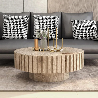 Round Wood Coffee Table for Living Room Modern Rustic Fluted Solid Wood Coffee Table Pedestal Center Table Circle Tea Tables