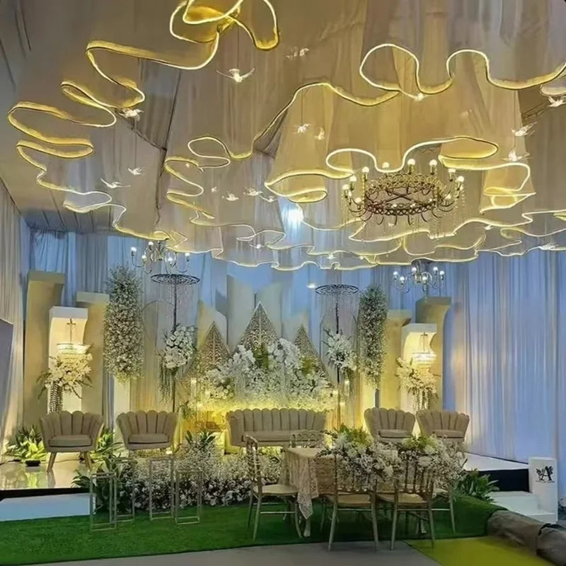 Glowing Curtain for Wedding Ceiling Decor, White Wave Tulle Fabric with Lights, Romantic Party Christmas Event Decoration