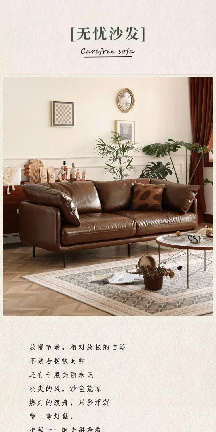 Retro oil wax leather sofa down large living room Nordic simple medium and ancient style straight row leather art sofa