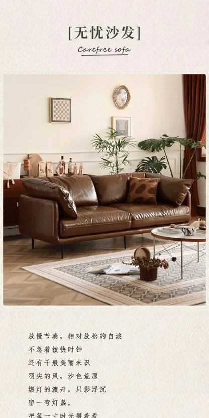 Retro oil wax leather sofa down large living room Nordic simple medium and ancient style straight row leather art sofa