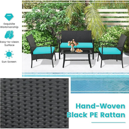 4 Piece Wicker Patio Furniture Set, Outdoor PE Rattan Conversation Sets with Chairs, Loveseat & Tempered Glass Coffee Ta