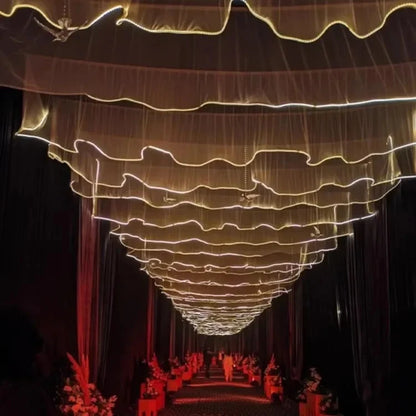 Glowing Curtain for Wedding Ceiling Decor, White Wave Tulle Fabric with Lights, Romantic Party Christmas Event Decoration