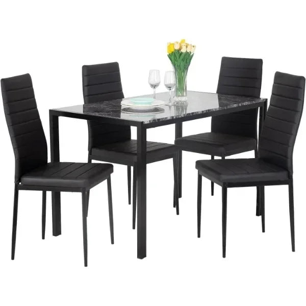 Dining Table and Chairs Set,Modern Rectangular Marble Table top with 4 Chairs PU Leather for Dining Room