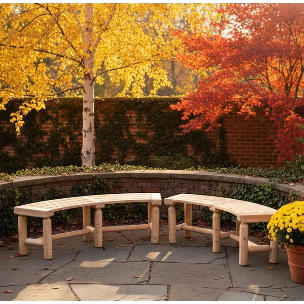 Outdoor Wooden Curched Backless Porch Bench Rustic Cedar Fir Log Fire Pit Bench for Patio Garden Deck Backyard 2 Packs