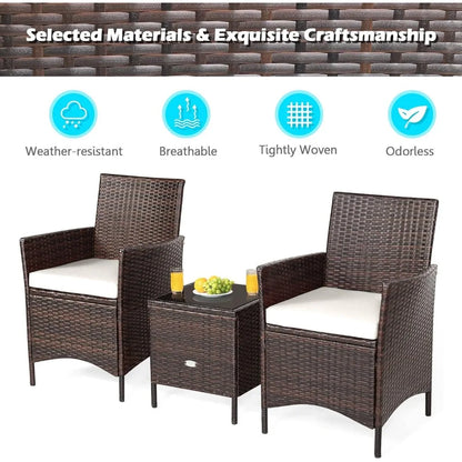 3 Pieces Rattan Patio Bistro Set, PE Wicker Furniture Set Outdoor Conversation Set with Coffee Table & Soft Cushions