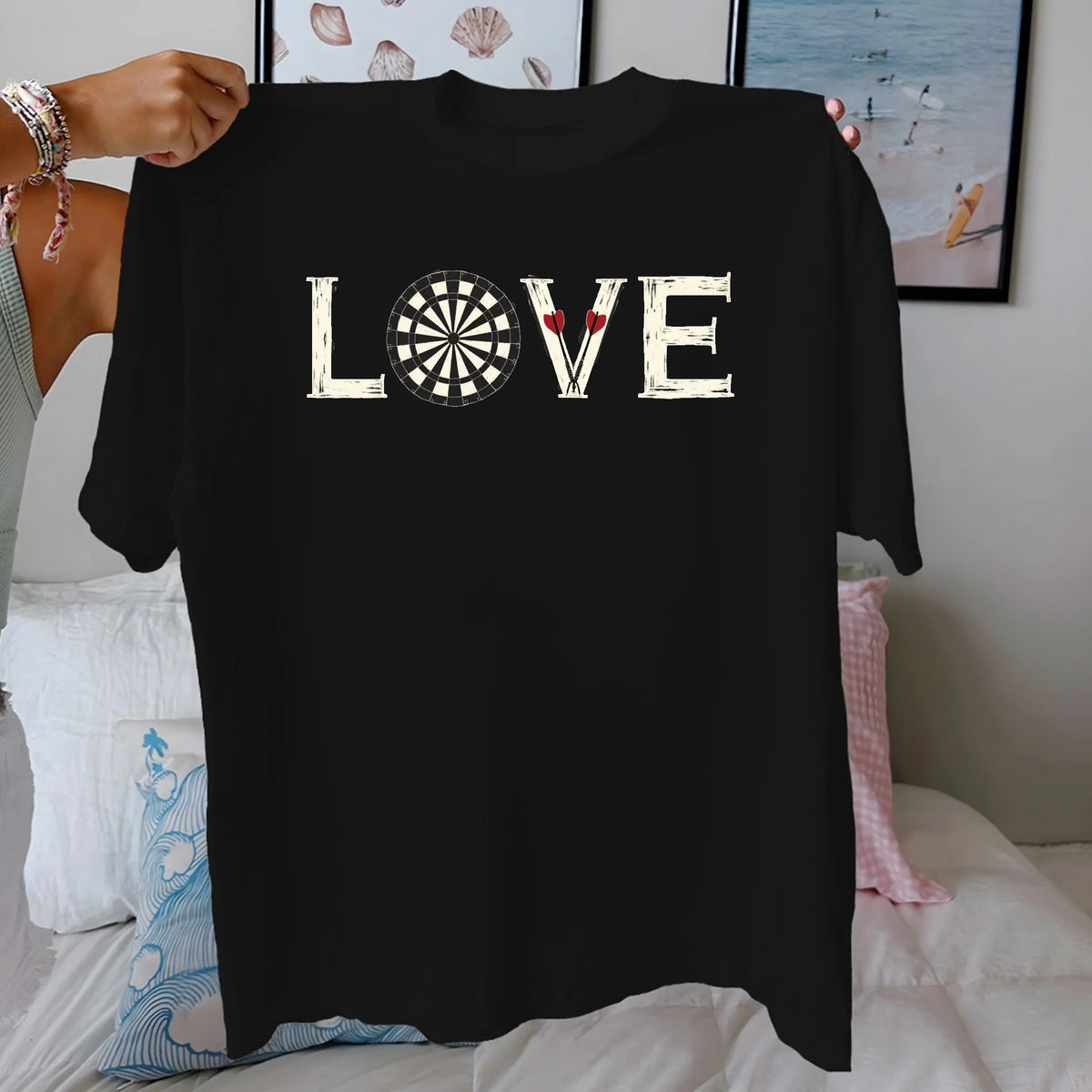 LOVE with dartboard and darts  pure cotton women's Tshirt comfort fit