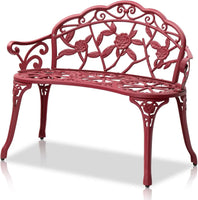 Outdoor patio bench, cast aluminum frame with antique finish, a garden rose bench