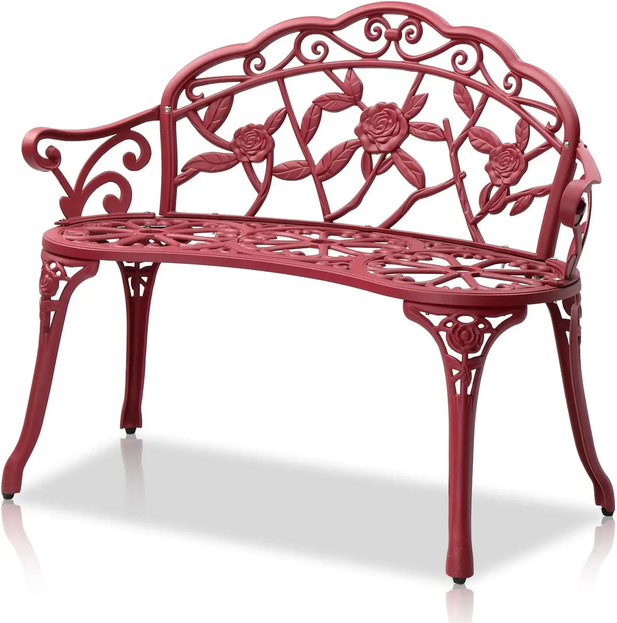 Outdoor patio bench, cast aluminum frame with antique finish, a garden rose bench