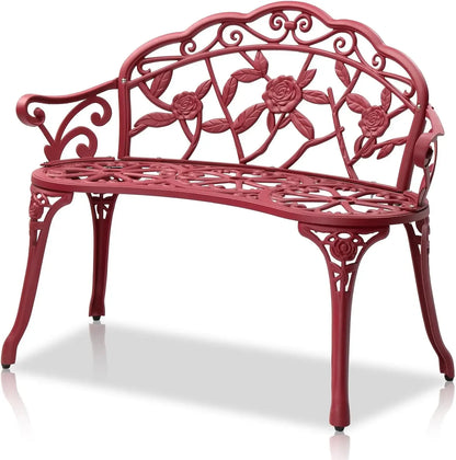 Outdoor patio bench, cast aluminum frame with antique finish, a garden rose bench