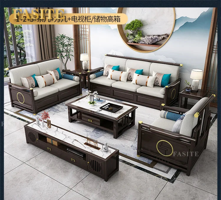 New Chinese-style solid wood sofa combination modern simple Zen Chinese style living room concubine corner wooden light luxury