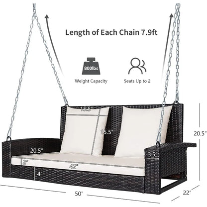 2-Seat Outdoor Porch Swing with Rattan Wicker Design and Solid Steel Chains Includes Comfortable Back and Seat Cushions in Beig