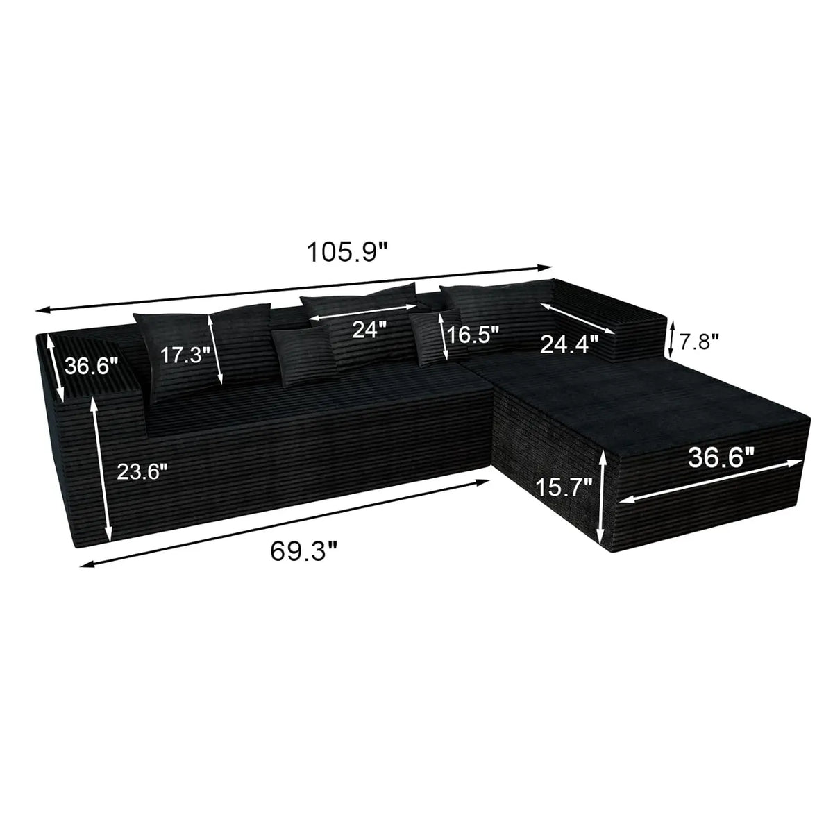 Cloud Couch L-Shaped Sectional Sofa 105.9'' Corduroy Deep Seat Memory Foam Modular Sofa Customizable Boneless Upholstered