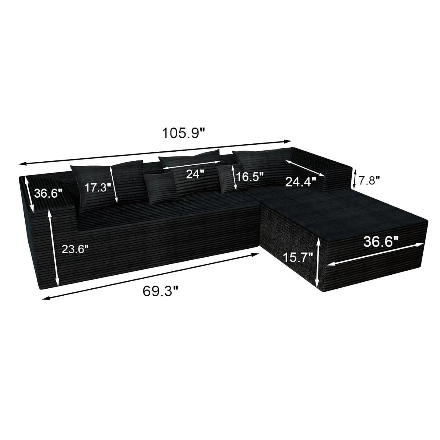 Cloud Couch L-Shaped Sectional Sofa 105.9'' Corduroy Deep Seat Memory Foam Modular Sofa Customizable Boneless Upholstered