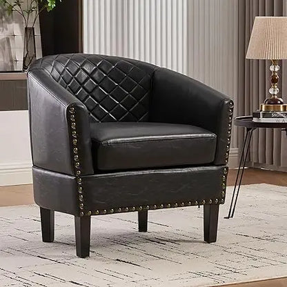Barrel Chair Living Room Chair, Upholstered Sofa Club Chair with Nail-Heads and Solid Wood Legs for Bedroom, Offic
